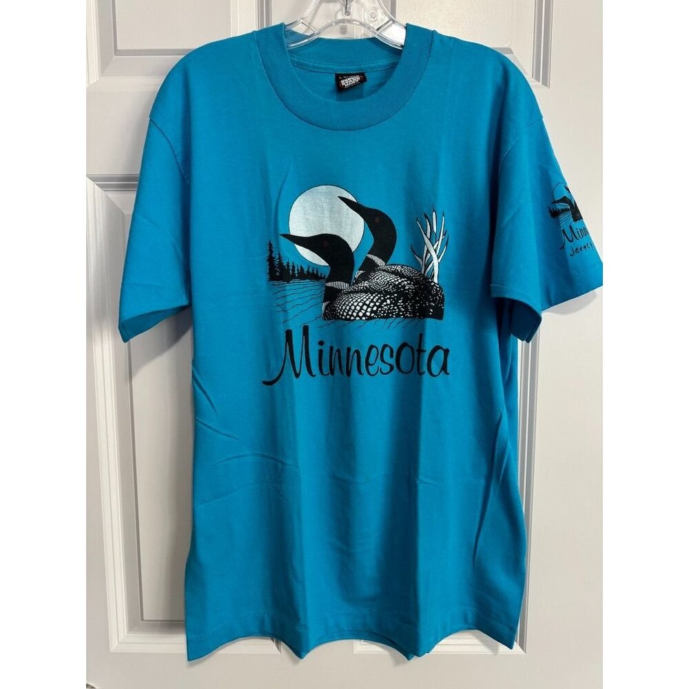 Vintage 90s Minnesota Loon Graphic Shirt Screen Stars Best Aqua Blue Size Large